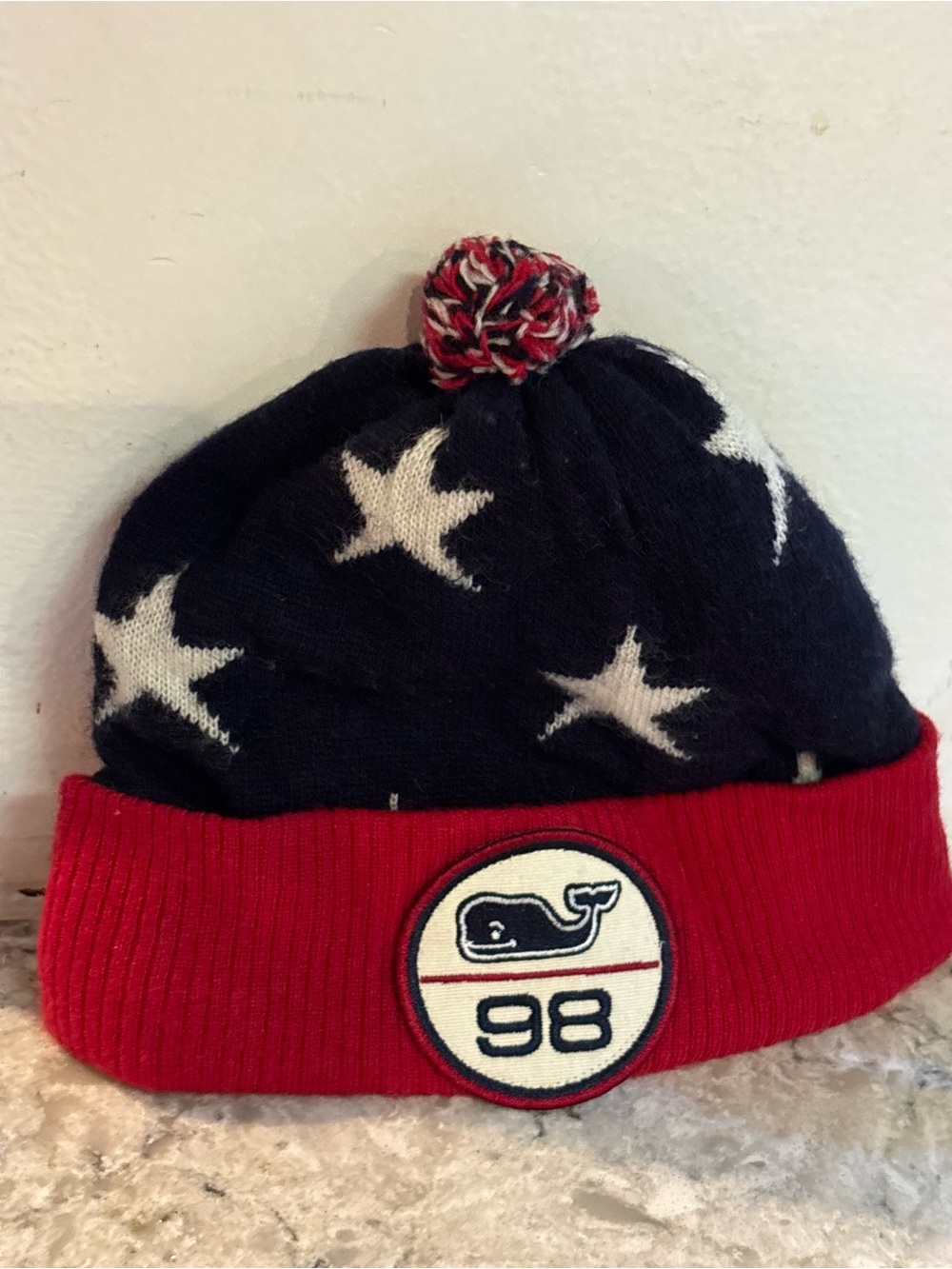 Vineyard Vines Navy & Red Star Pom Beanie